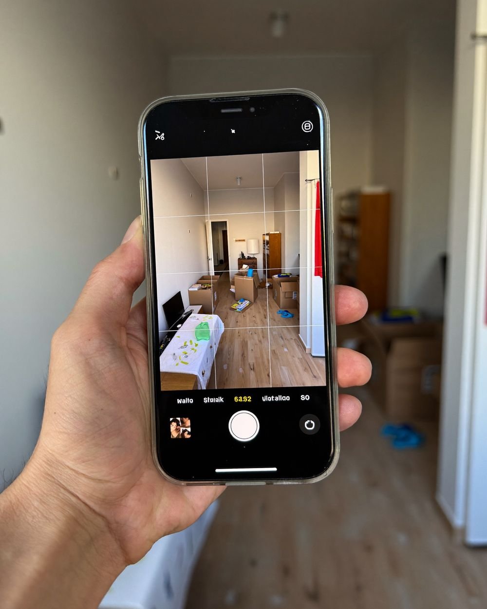Ein Raum wird für die Anfrage mit dem Handy fotografiert