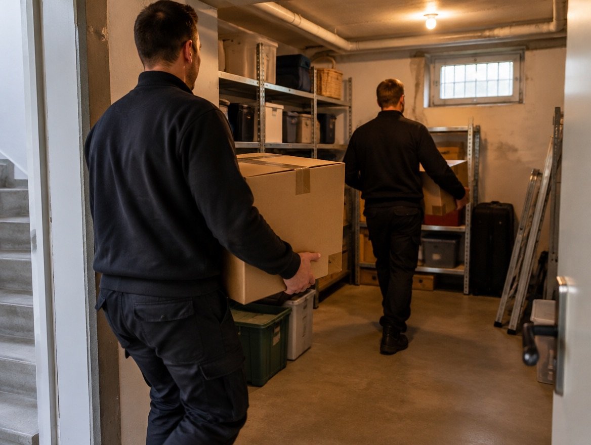 Kartons werden aus einem Kellerraum getragen