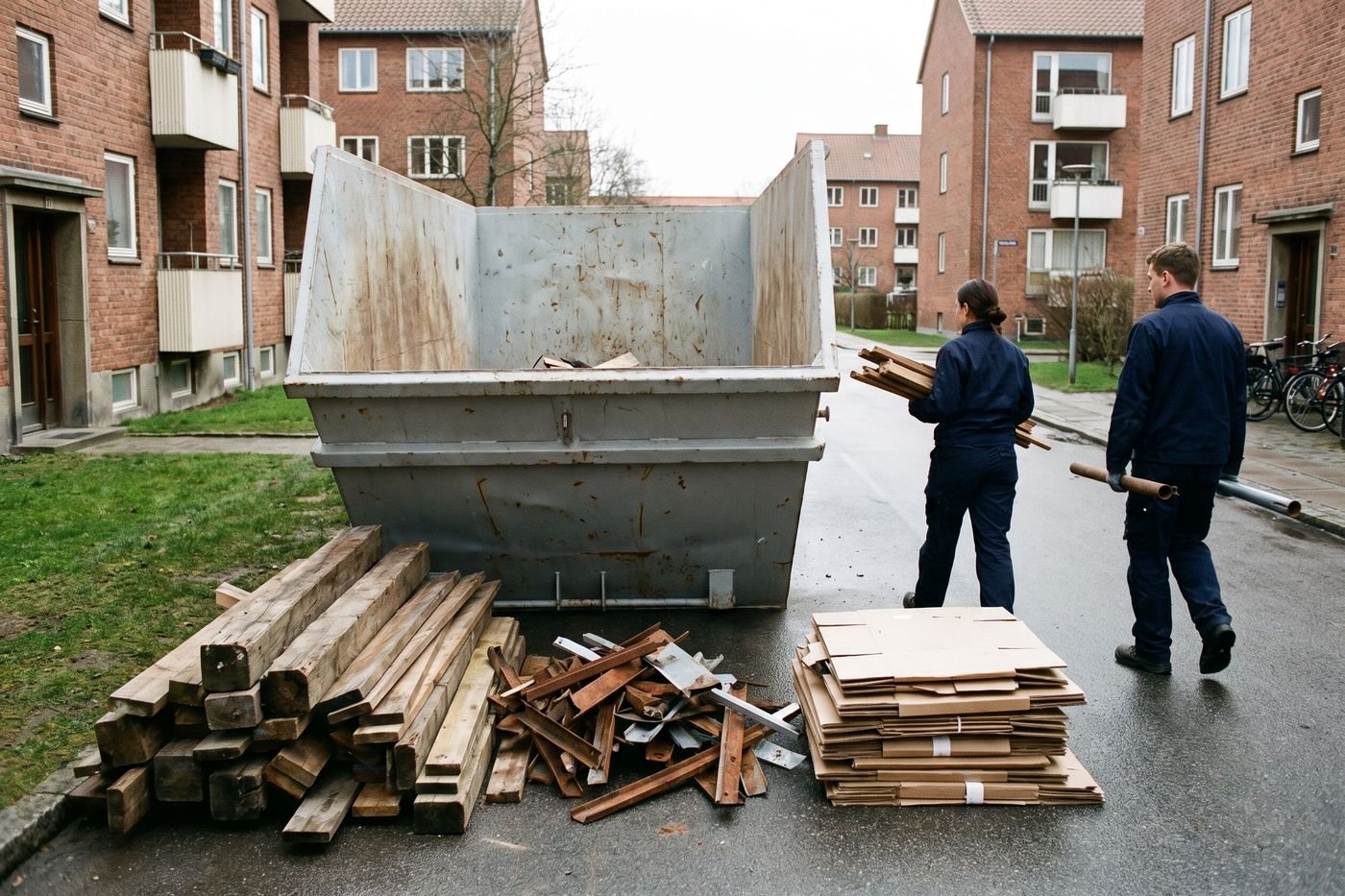 Getrennte Stapel aus Holz, Metall und Pappe neben einem offenen Container