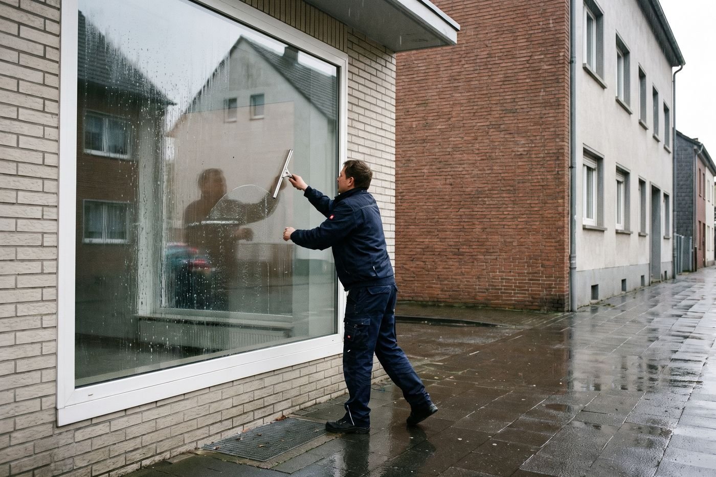 Reinigung eines Schaufensters mit Abzieher an einem Regenmorgen
