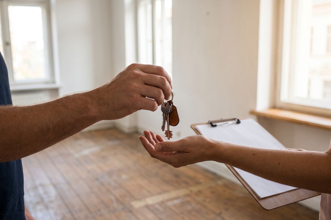 Schlüsselübergabe in einer frisch gereinigten leeren Wohnung