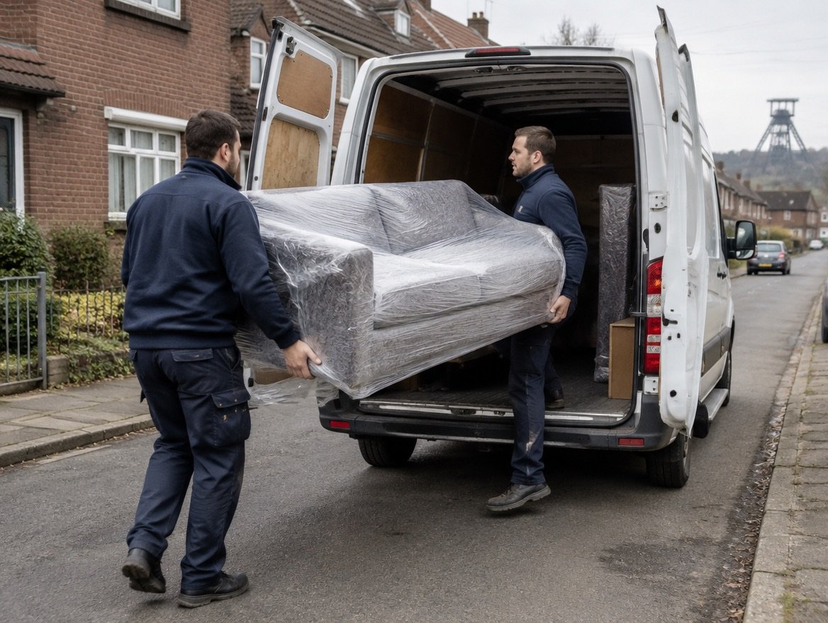 Ein eingepacktes Sofa wird in einen Transporter geladen