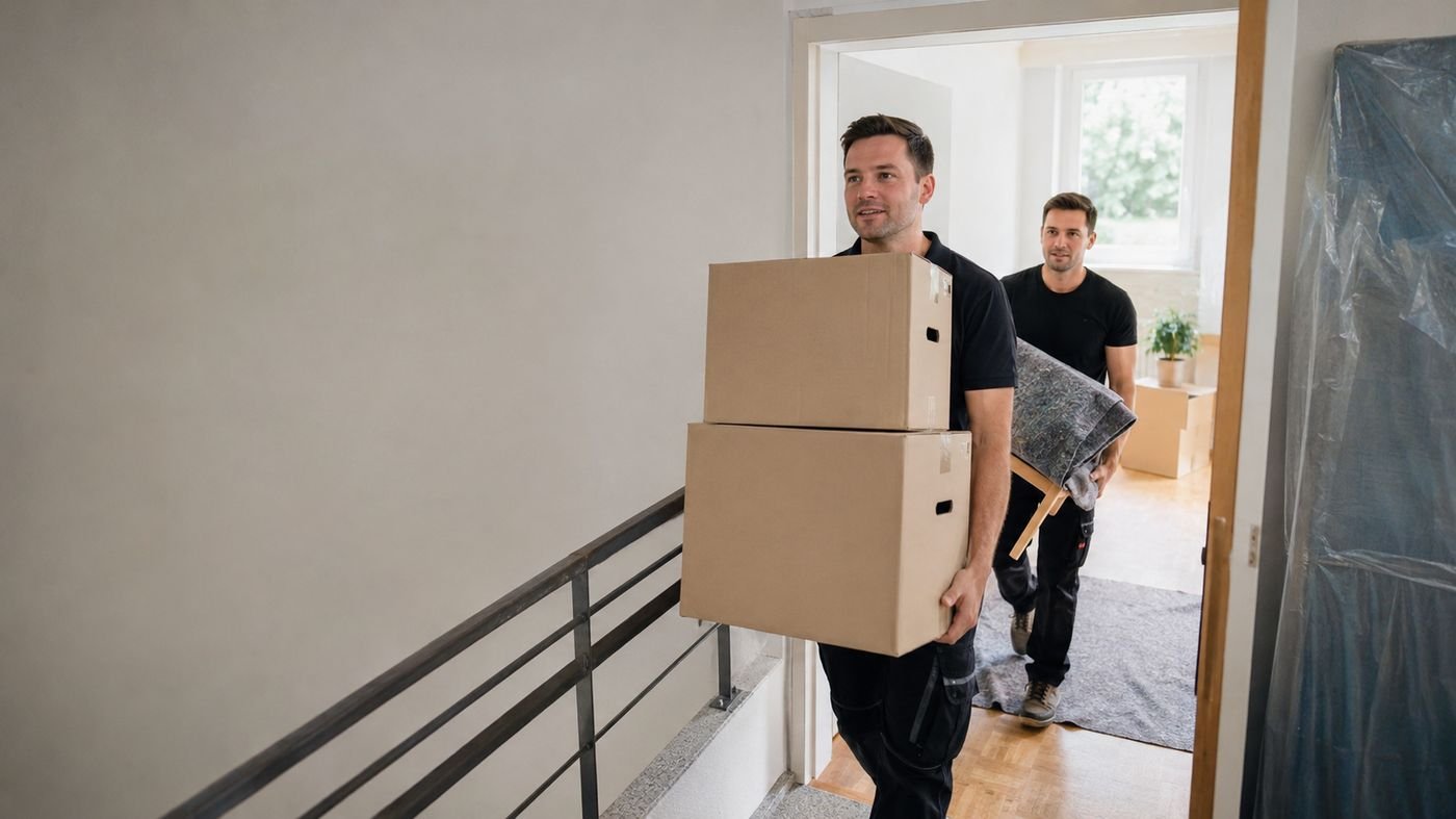 Zwei Umzugshelfer tragen Kartons durch ein Treppenhaus